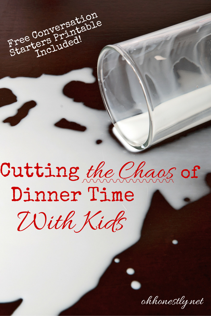 Dinner time with kids can be chaotic. Spilled drinks, complaining, no one in their seat. But it doesn't have to be a total wash. Here's how one family makes it less chaotic so that they can enjoy their time together. Includes a free Conversation Starters printable.