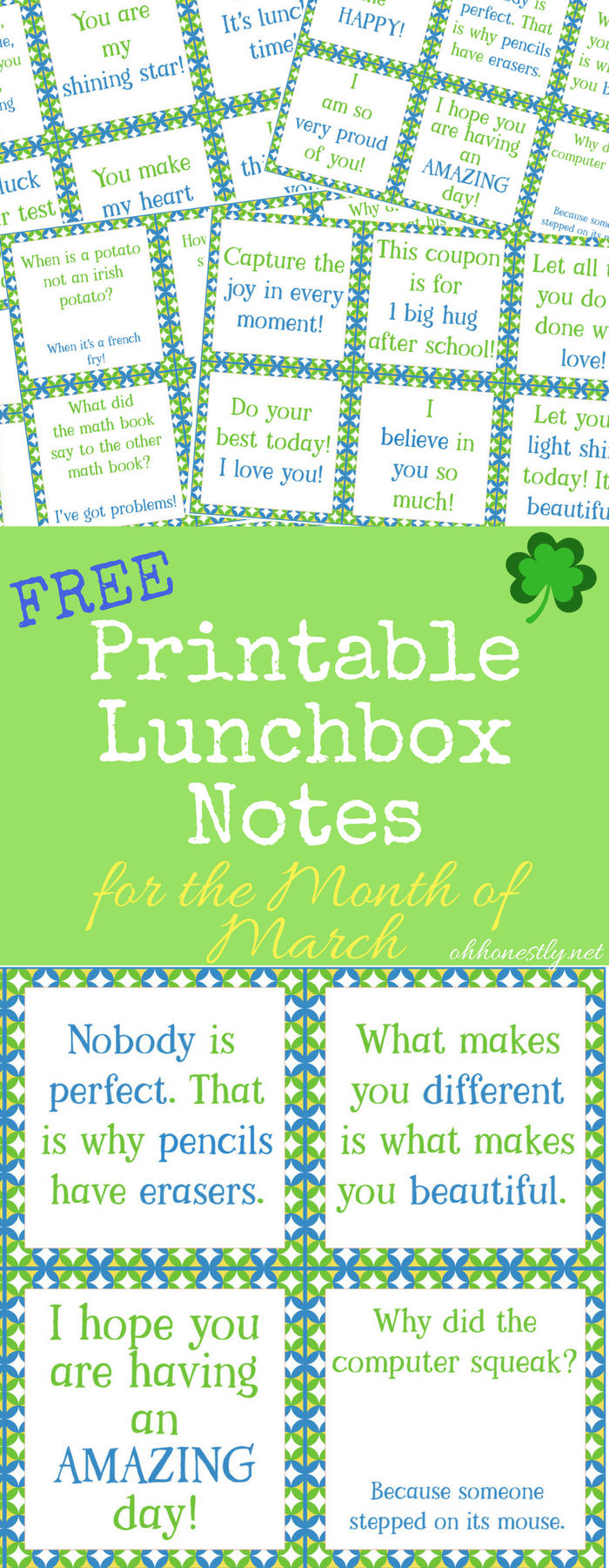 Give your kids a midday pick-me-up with these fun, encouraging, and free printable lunchbox notes. They're perfect for the month of March, with a few you'll love for St. Patrick's Day!